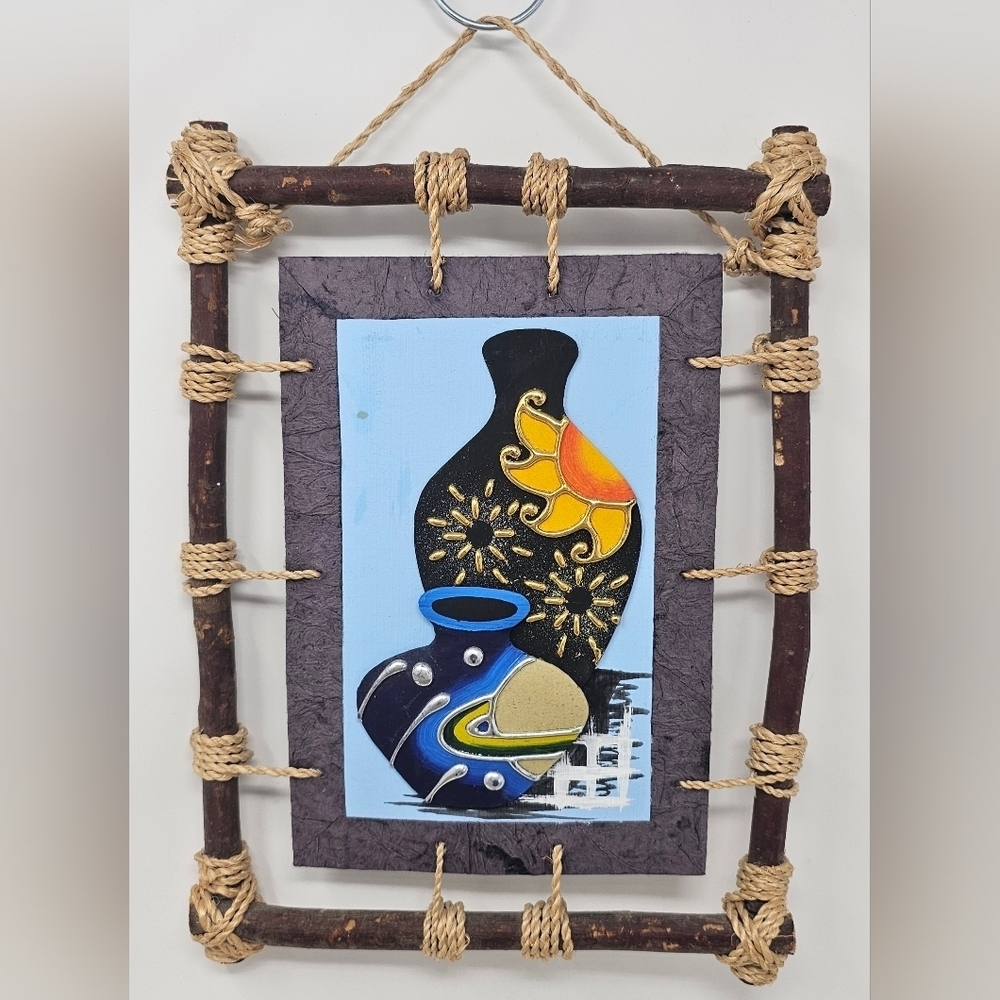 Hanging Vase Sun Collage Twine Strung Teak Frame 13"x9" Rare MCM Tiki/WWII Art